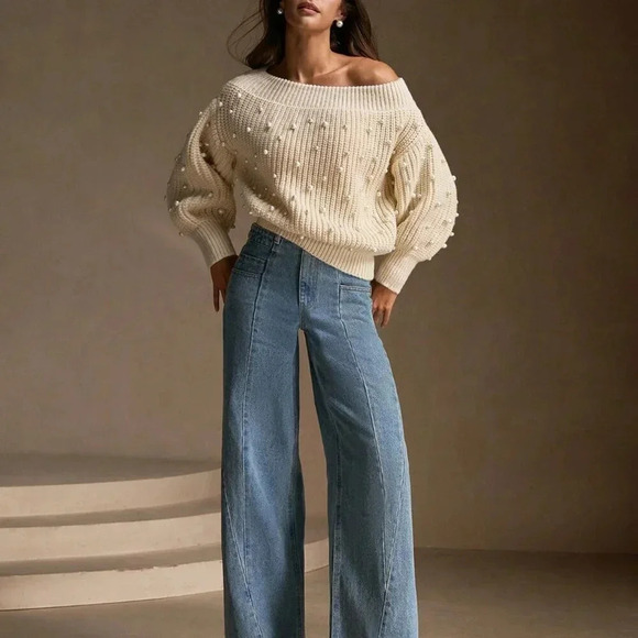 Apricot Casual Women's Handmade Beaded Asymmetrical Neck Sweater - Picture 1 of 6
